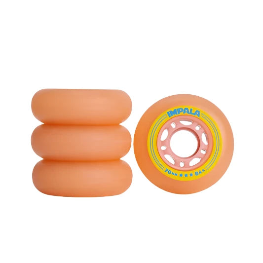 Orange inline skate wheels with yellow center ring, 4-pack