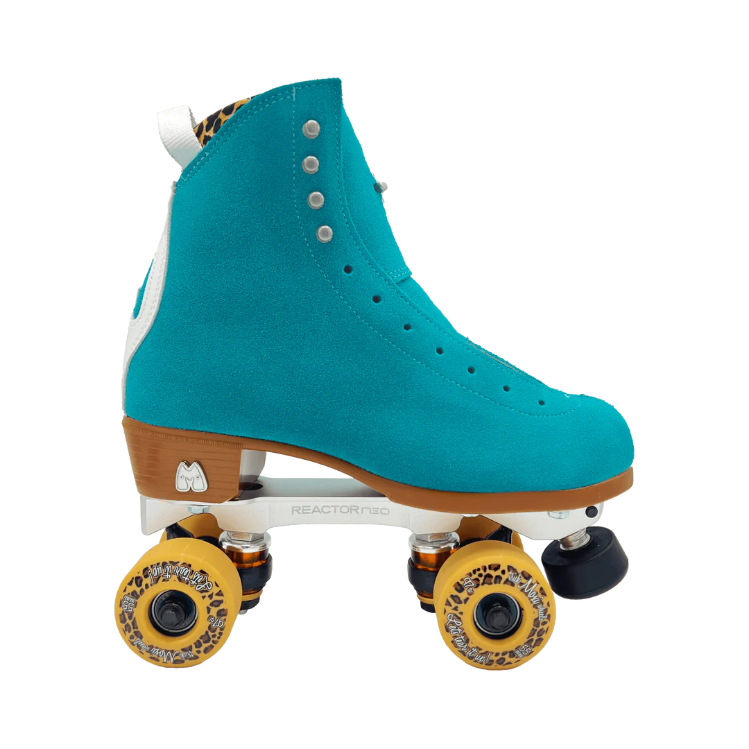 Teal suede high-top skate boot on quad roller skates with tan heel and patterned wheels
