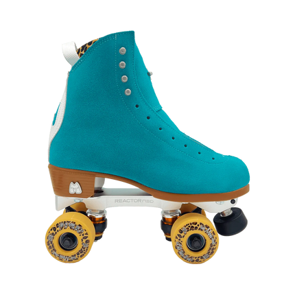 Teal suede high-top skate boot on quad roller skates with tan heel and patterned wheels