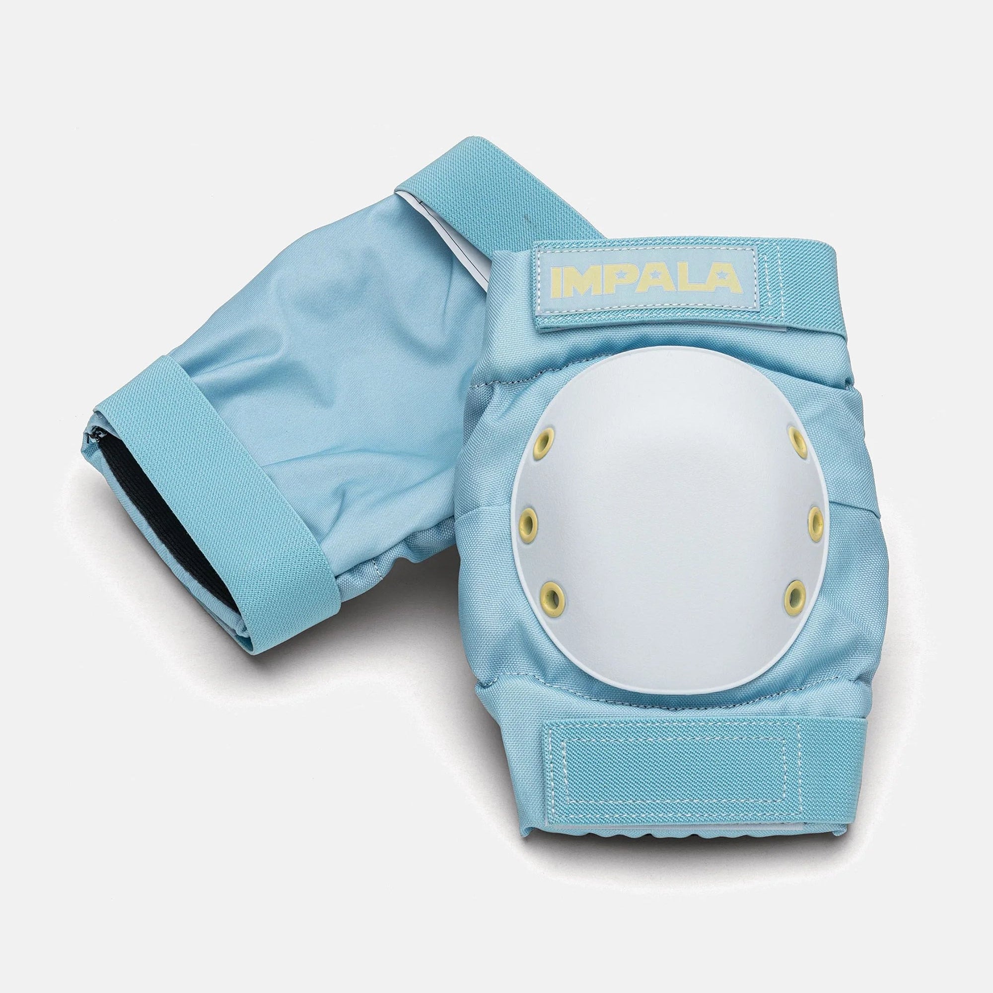Impala light blue protective pad pair with round white guard and hook-and-loop straps