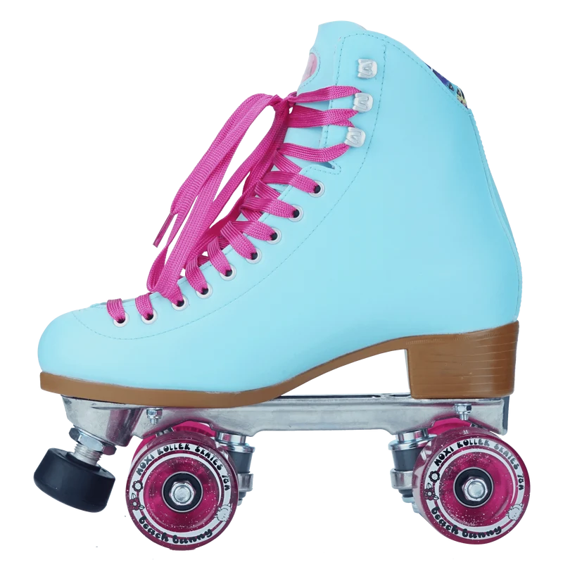 A light blue roller skate boot with bright pink laces, pink wheels, and a brown base, shown against a plain white background.