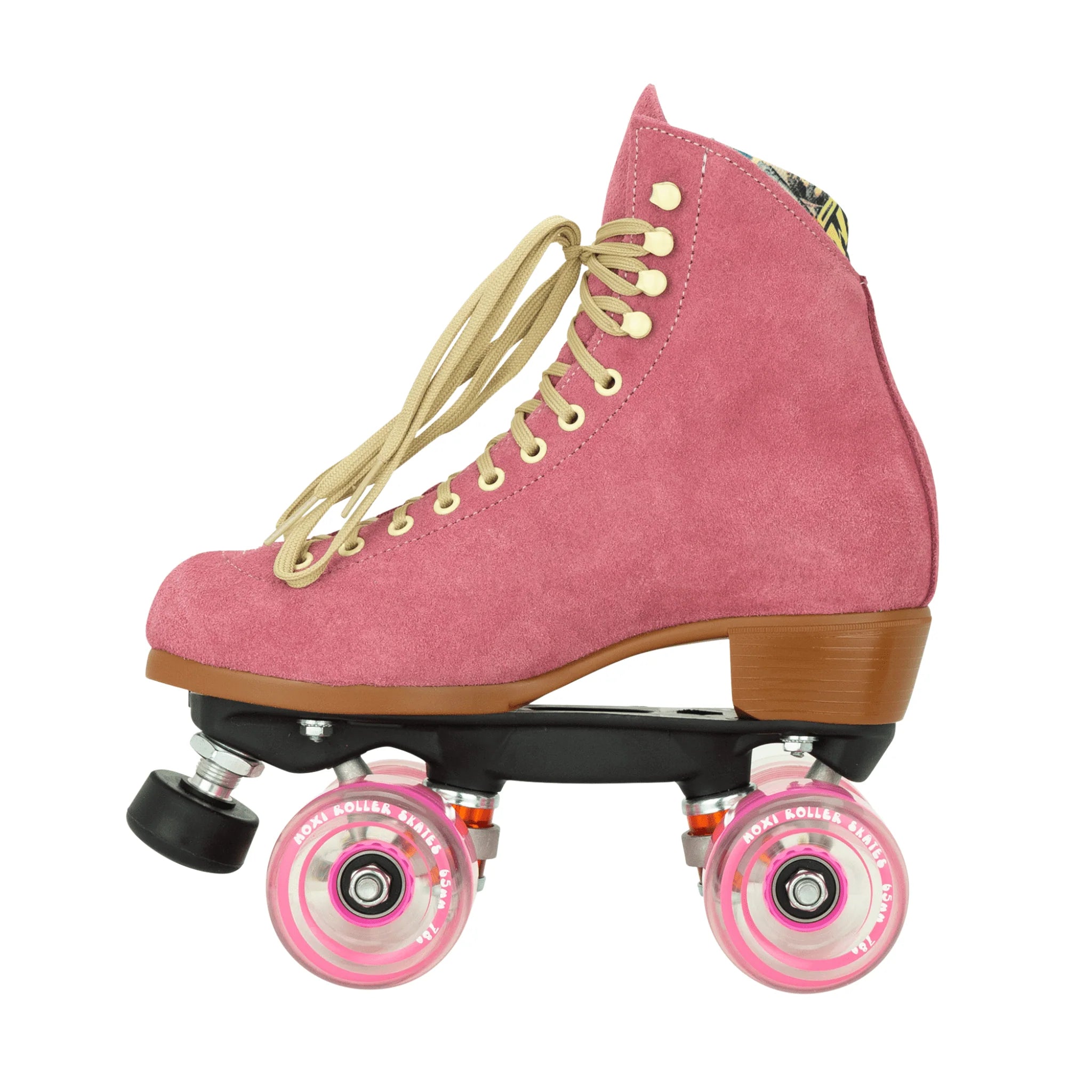 Pink high-top roller skates with beige laces, tan sole, and pink wheels