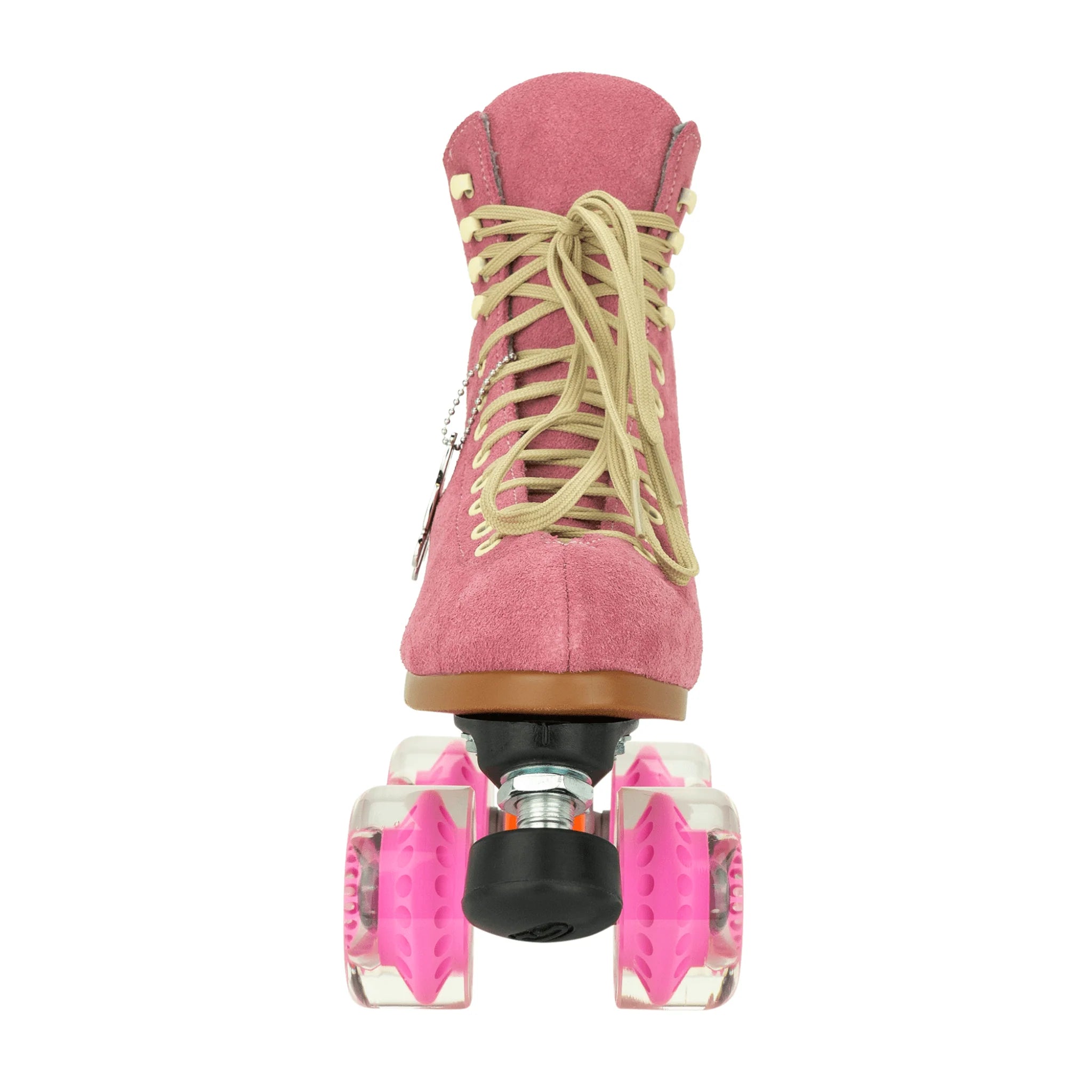 Pink suede roller skates with beige laces, tan boot sole, and pink translucent wheels