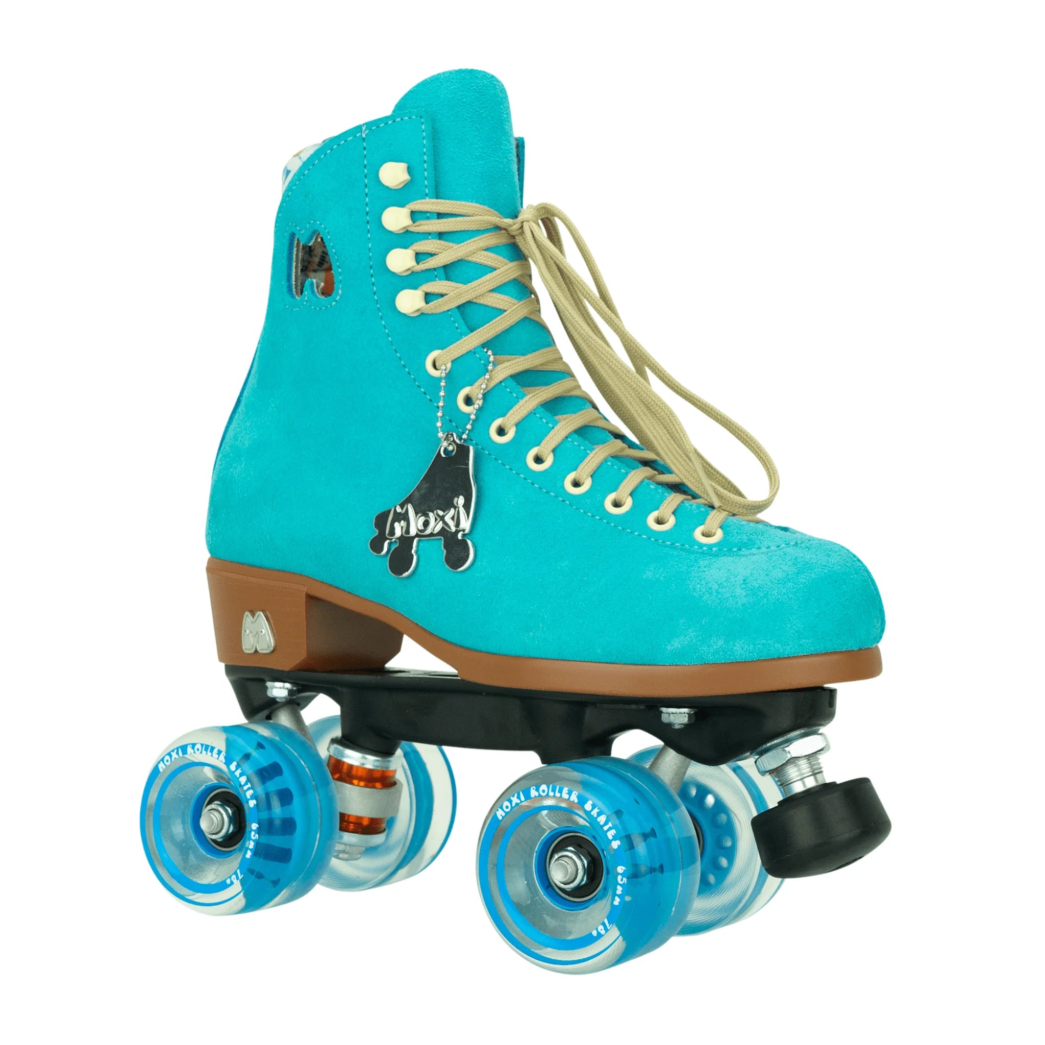 Turquoise high-top roller skates with light-blue wheels, tan sole plate, lace-up