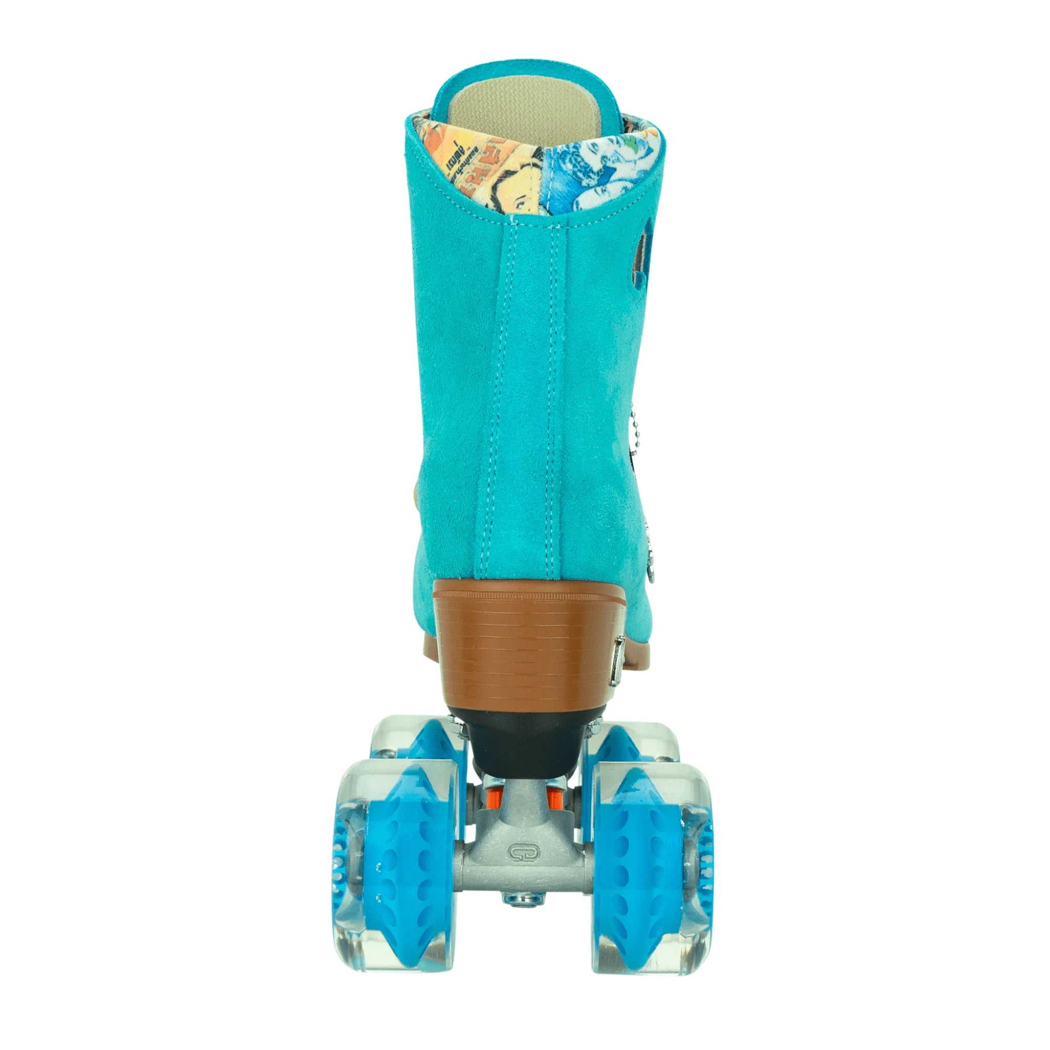 Turquoise roller skates, back view with padded collar, tan mounting, blue wheels