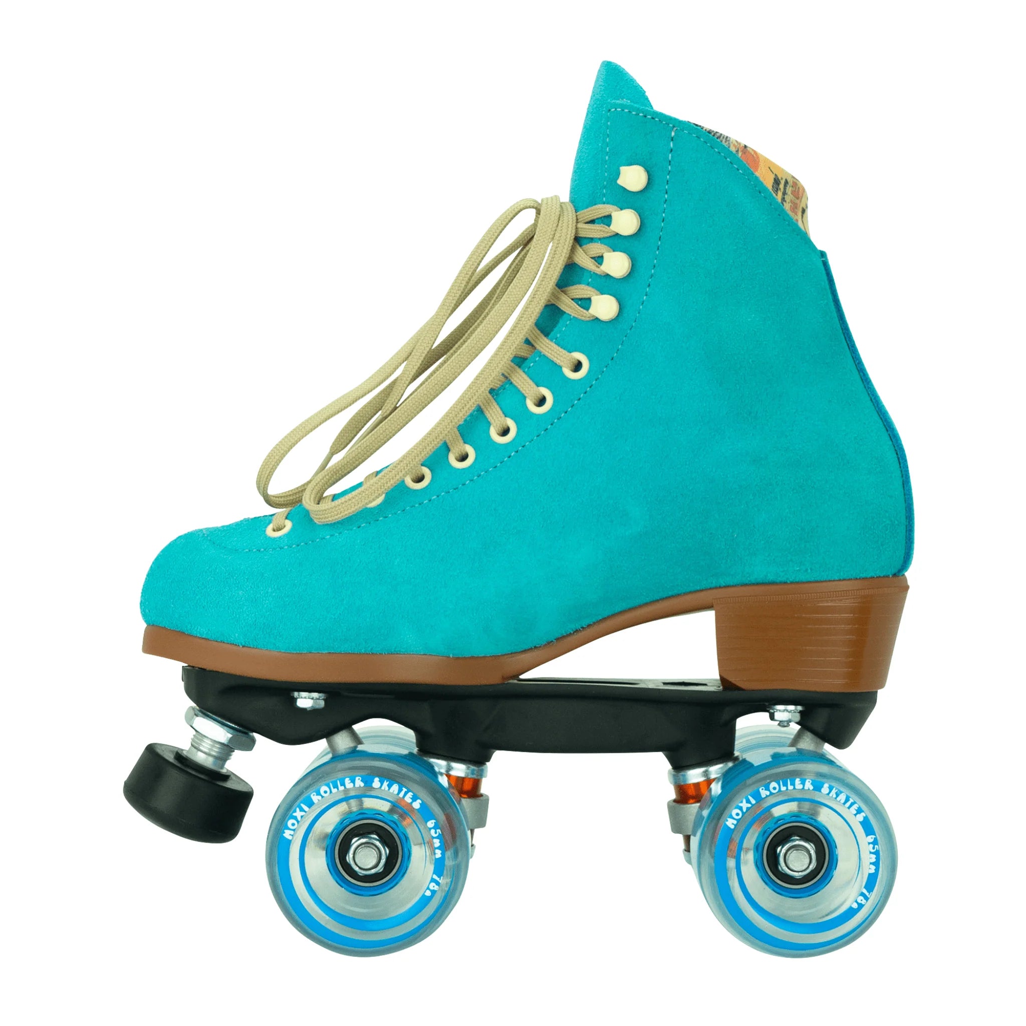 Turquoise roller skates on blue wheels, tan heel block, lace-up front