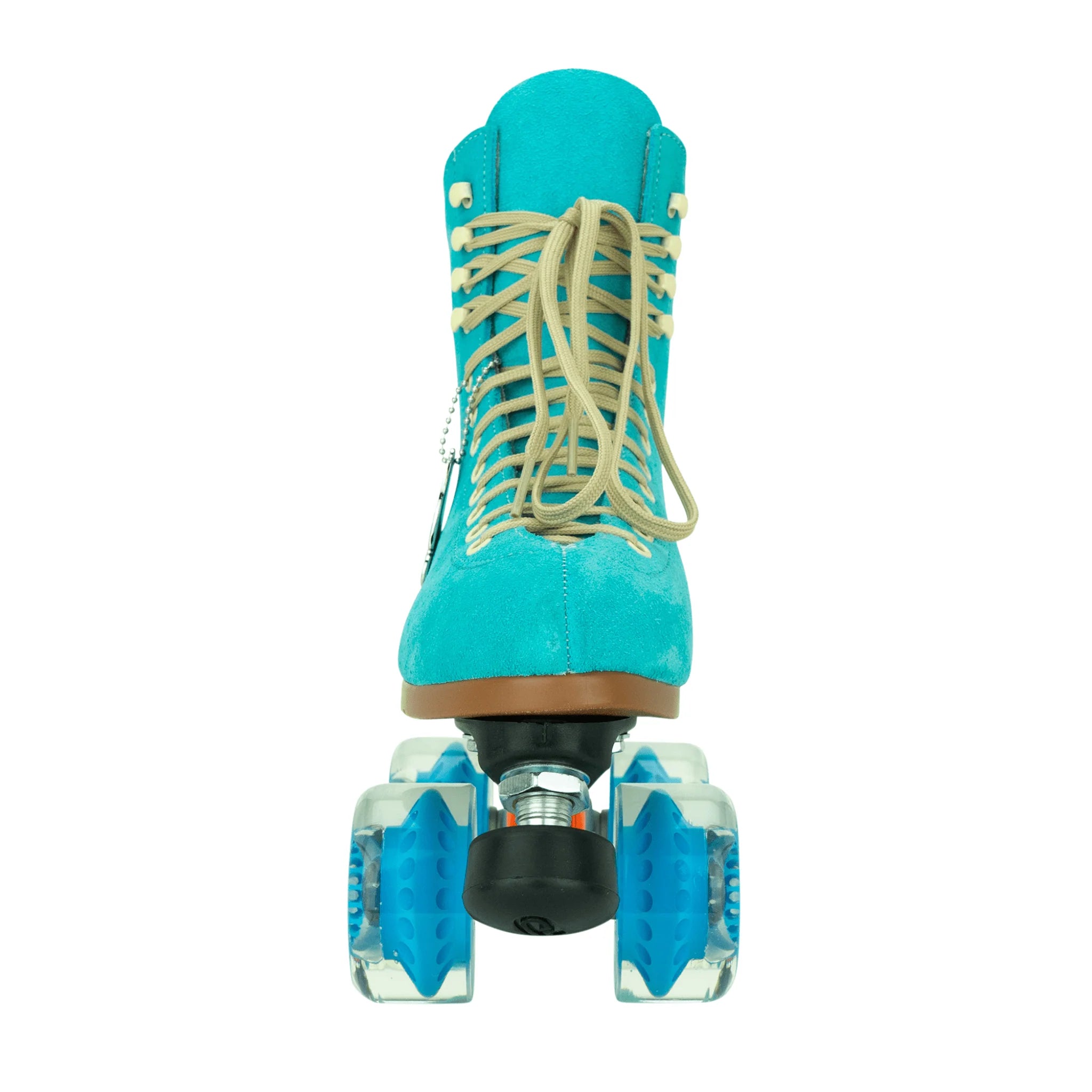 Turquoise roller skates, back view with lace-up boot and blue wheels, black toe stop