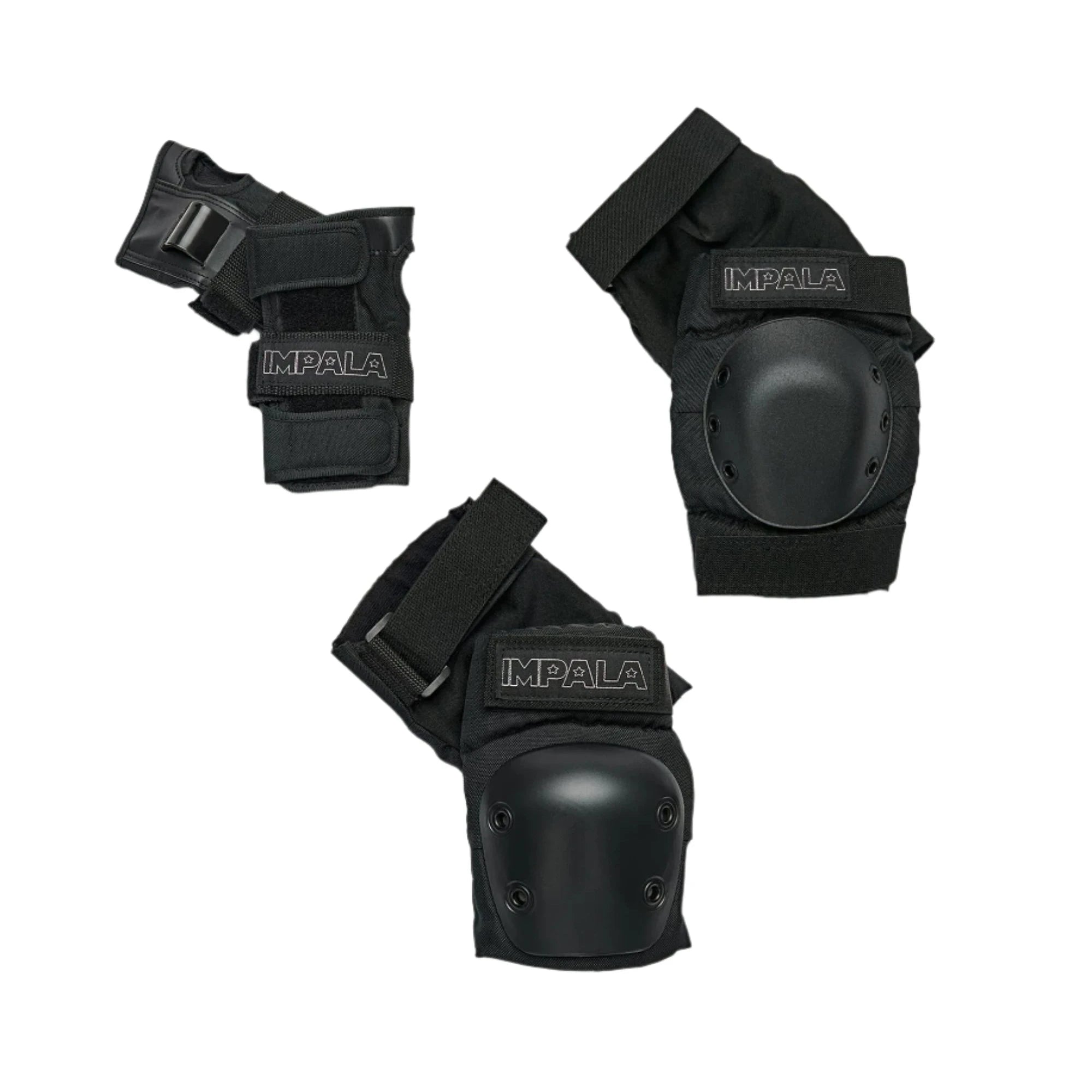 Set of black protective pads: two knee pads and two elbow guards laid out