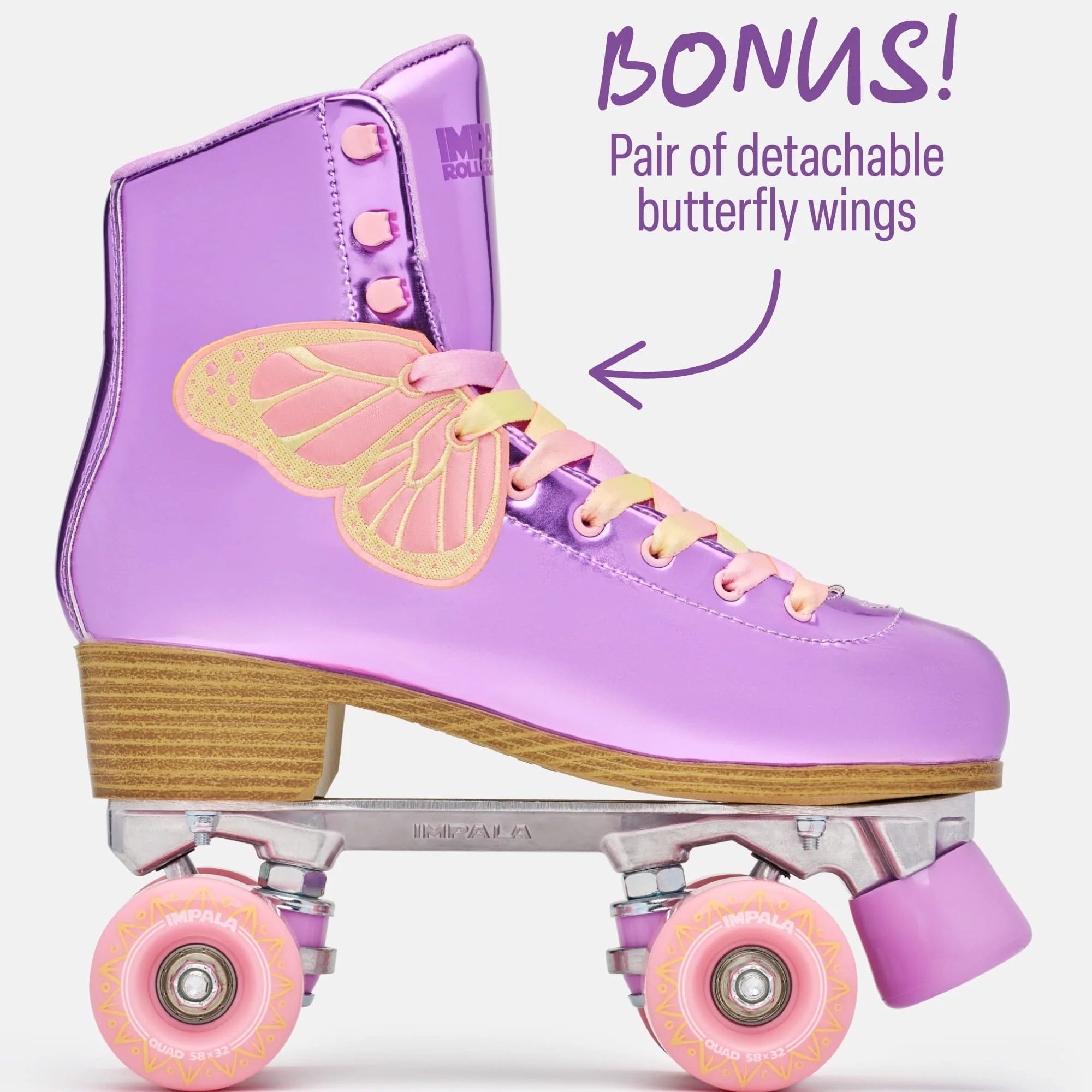 Lavender quad skates with detachable butterfly wings and pink wheels, side profile