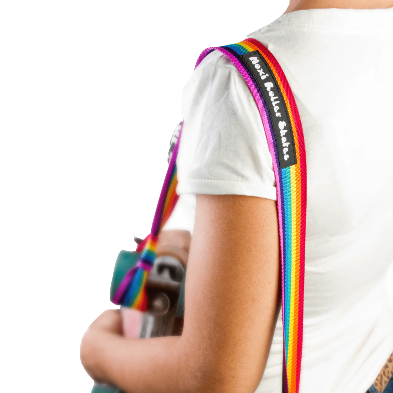 Rainbow skate leash with black trim and loop strap on shoulder