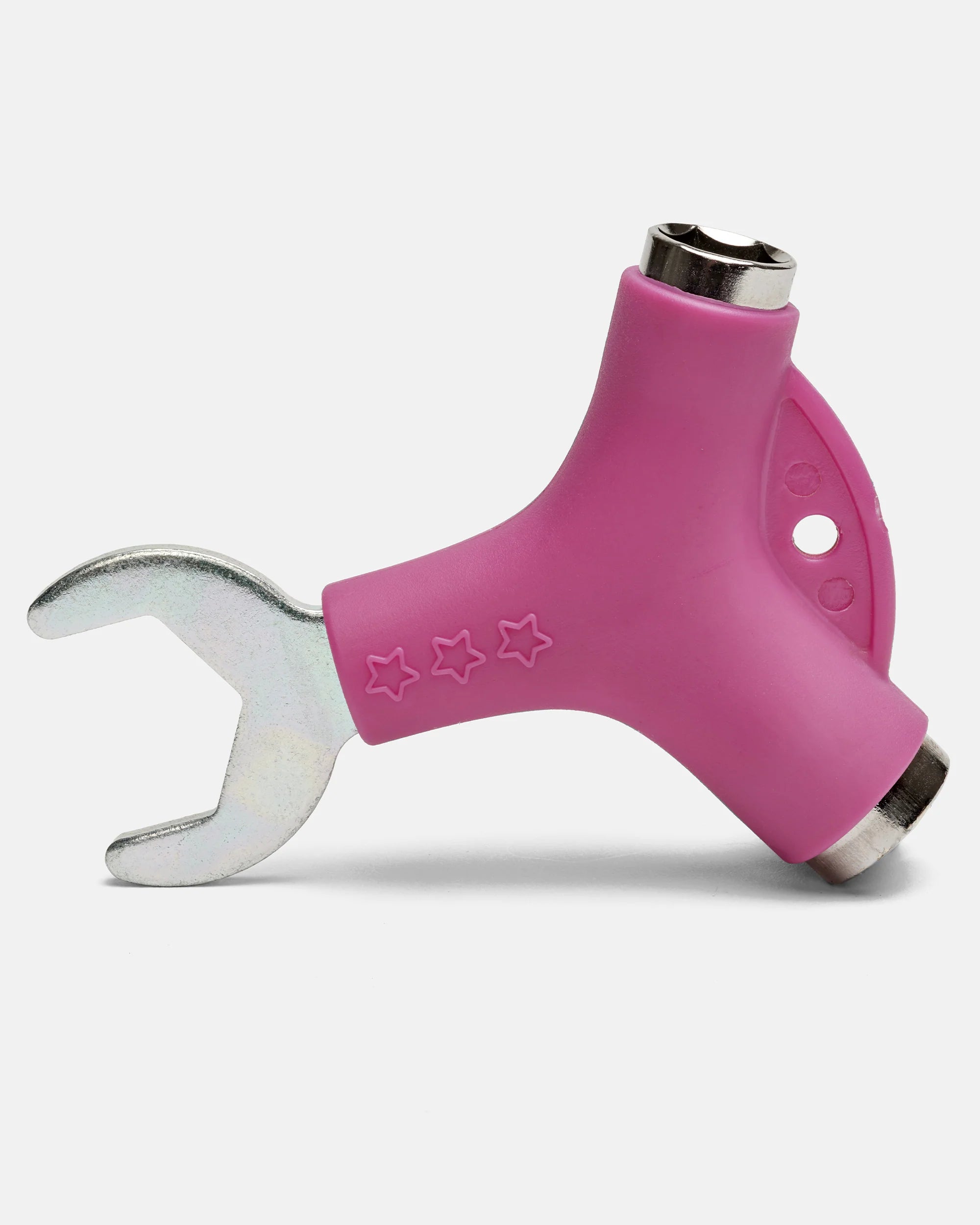 Pink skate tool with adjustable wrench end and socket head for skate hardware