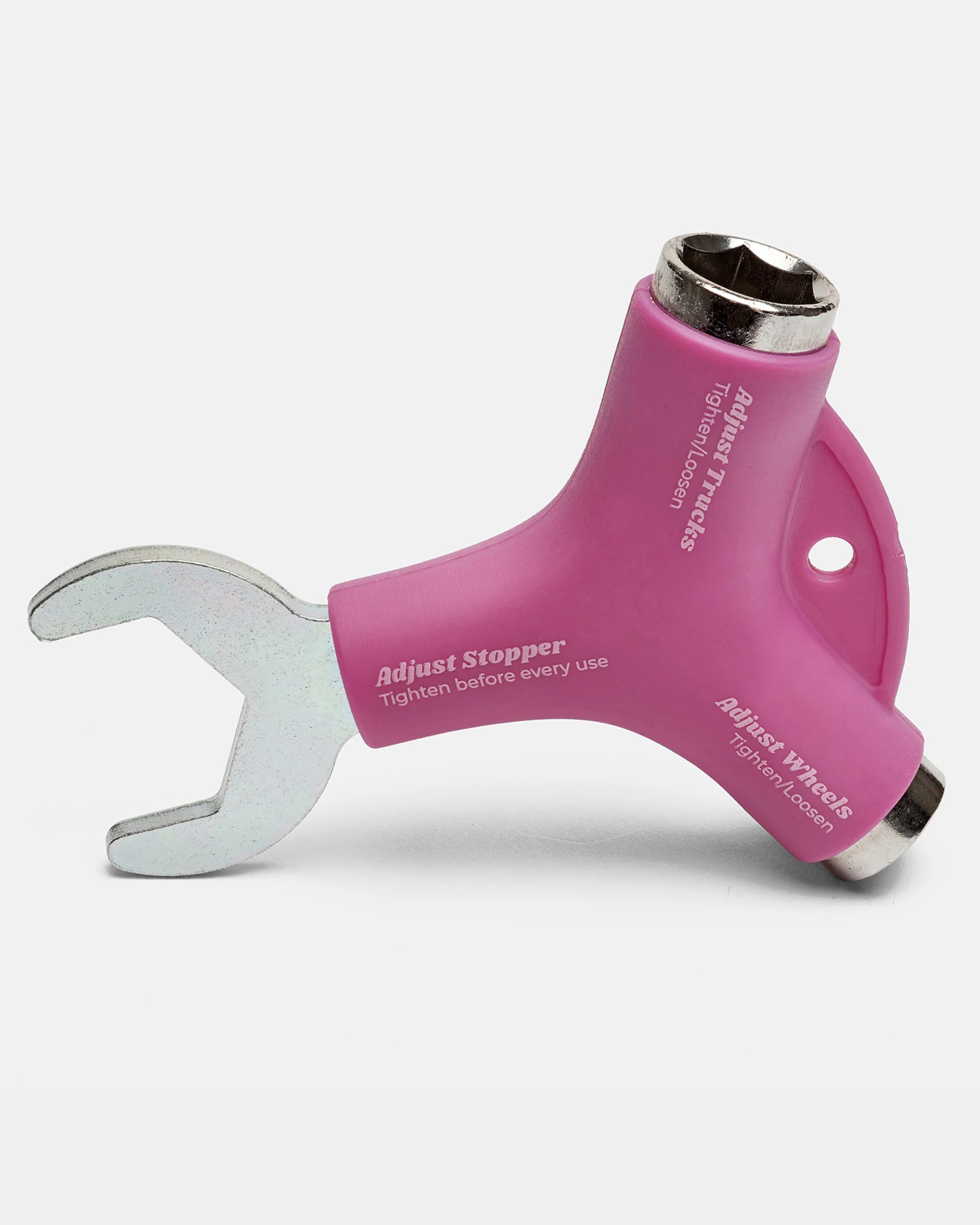 Pink skate tool with “Adjust stopper” text, wrench end and socket head