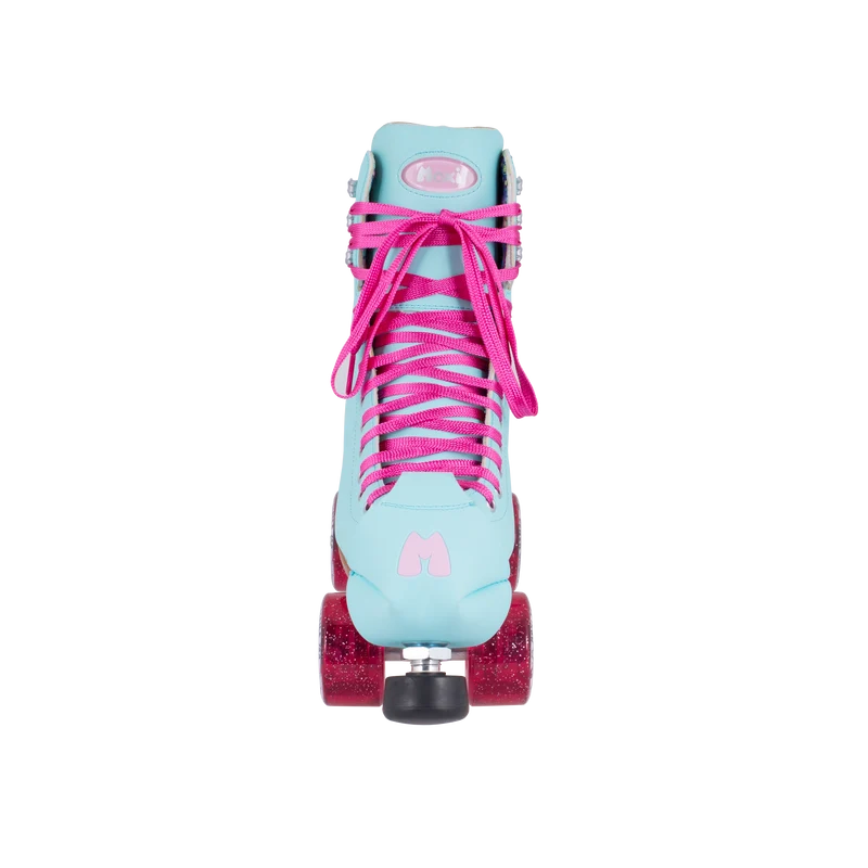 A single light blue roller skate boot with bright pink laces and pink wheels, shown from a top-down view on a white background.