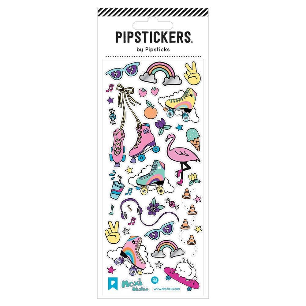 Moxi Skates sticker sheet with roller skates, flamingos, rainbow, clouds, and notes
