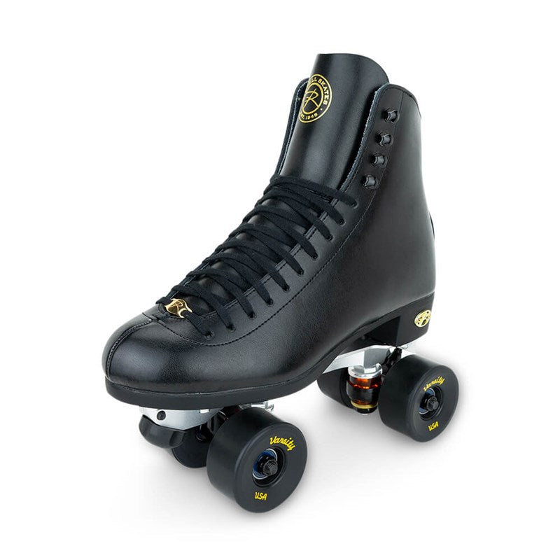 Black high-top roller skate with laced leather boot and four black wheels