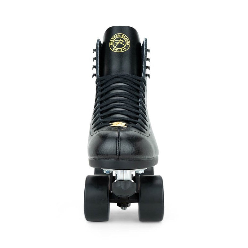 Front-view black high-top quad roller skate with laced boot and four black wheels