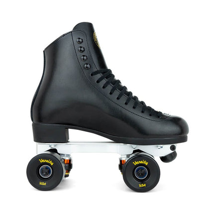 Black high-top roller skate side profile with laces and four black wheels