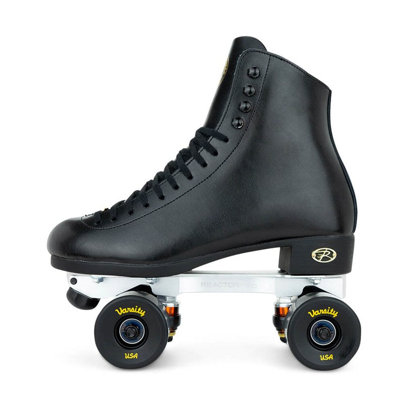 Black high-top quad roller skate with laced boot, metal frame, and four black wheels
