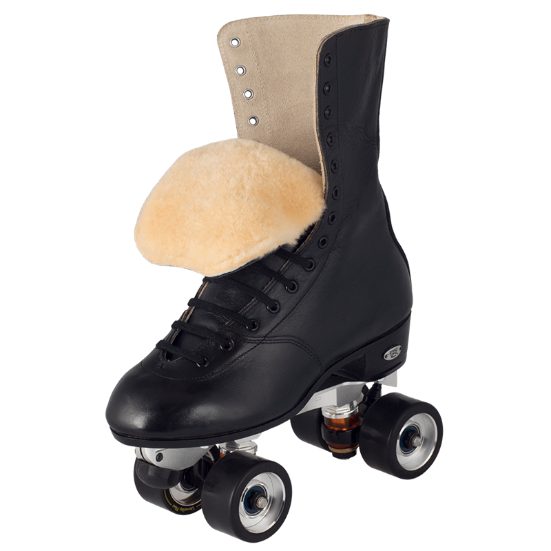 Black roller skate boot with tan shearling lining and black wheels