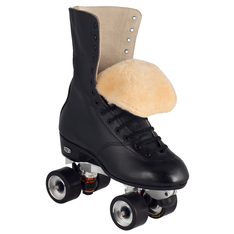 Black roller skate boot with tan lining and four wheels on base