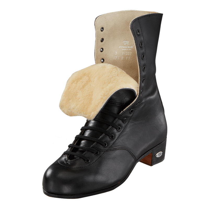 Black roller skate boot with tan lining, side panel, and front wheels