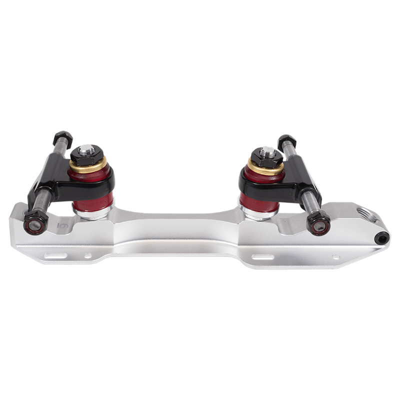 Roller skate plate with trucks, red bearings, and silver frame