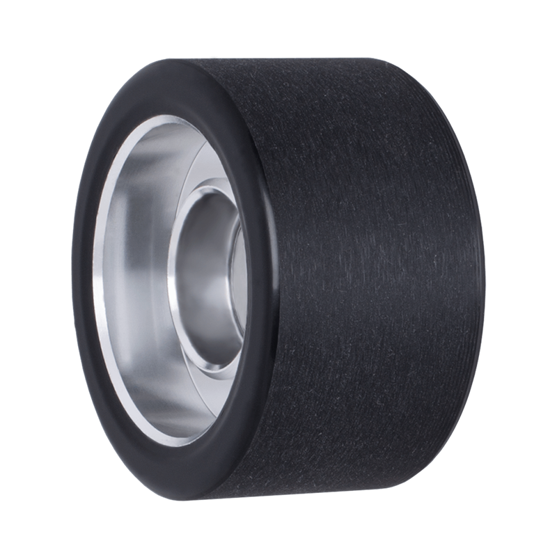 Roller skate wheel with black rubber edge and silver hub