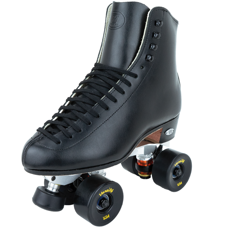 Black leather roller skates with high-top lace-up boot and four urethane wheels