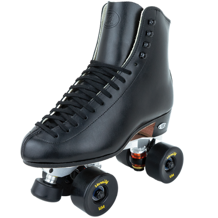 Black leather roller skates with high-top lace-up boot and four urethane wheels