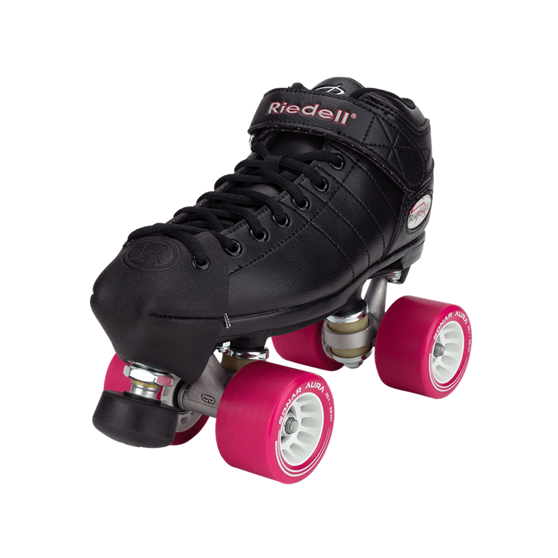 Black leather derby roller skate with red wheels and padded boot, side view