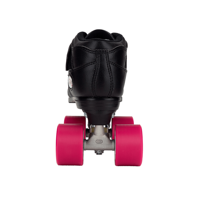 Black derby roller skate rear view with red wheels, heel plate and boot padding