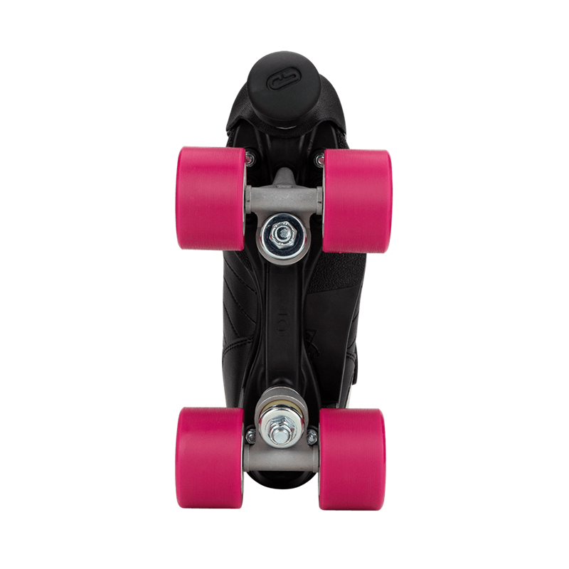 Black skate frame view with red wheels, axle hardware and rear boot heel
