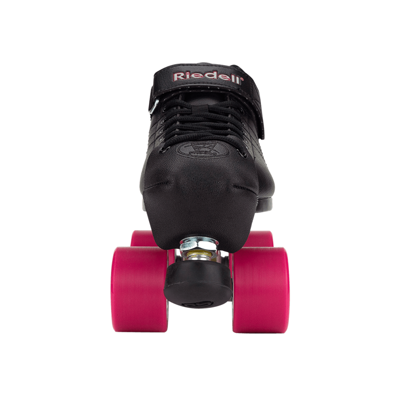 Black derby roller skate with red wheels, front toe detail and lacing