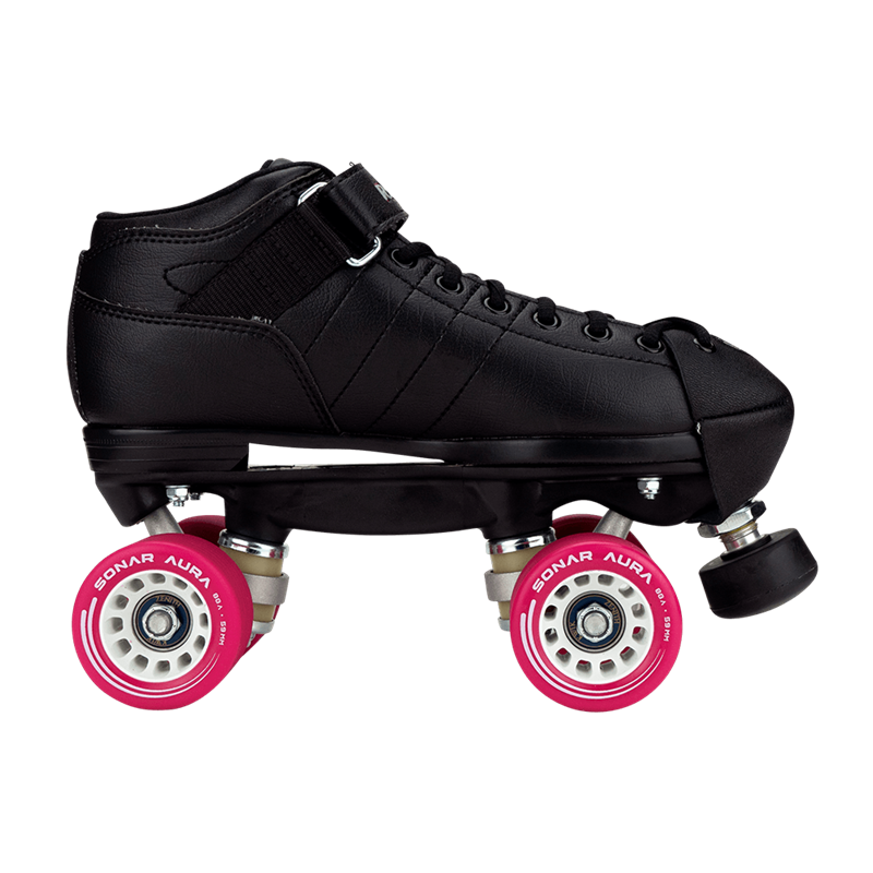 Black derby roller skate with red wheels, low-profile sole and side strap