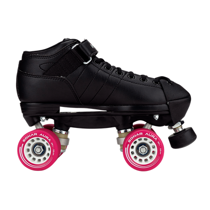 Black derby roller skate with red wheels, low-profile sole and side strap