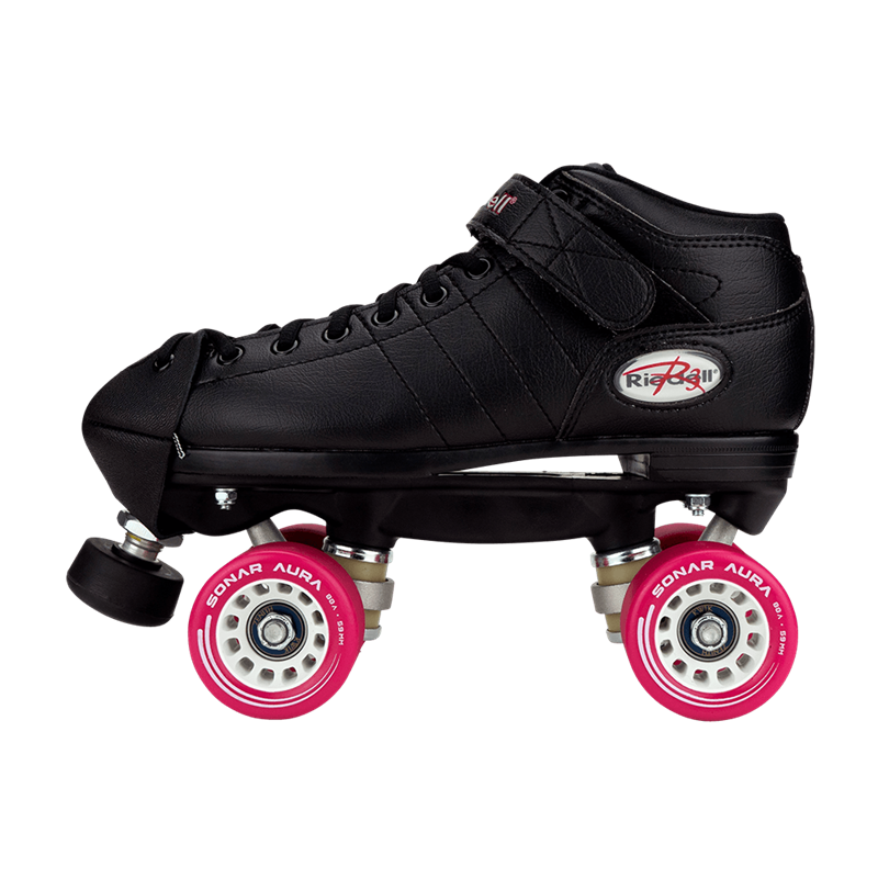 Black derby roller skate with red wheels, side panel stitching and laces