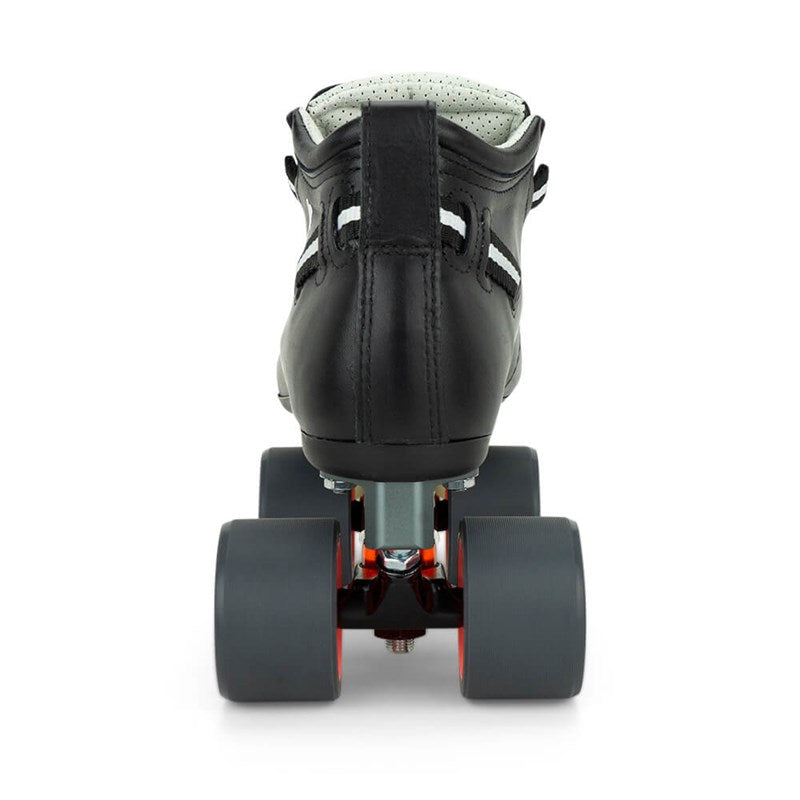 Back view black roller skate with dark wheels and orange wheel accents