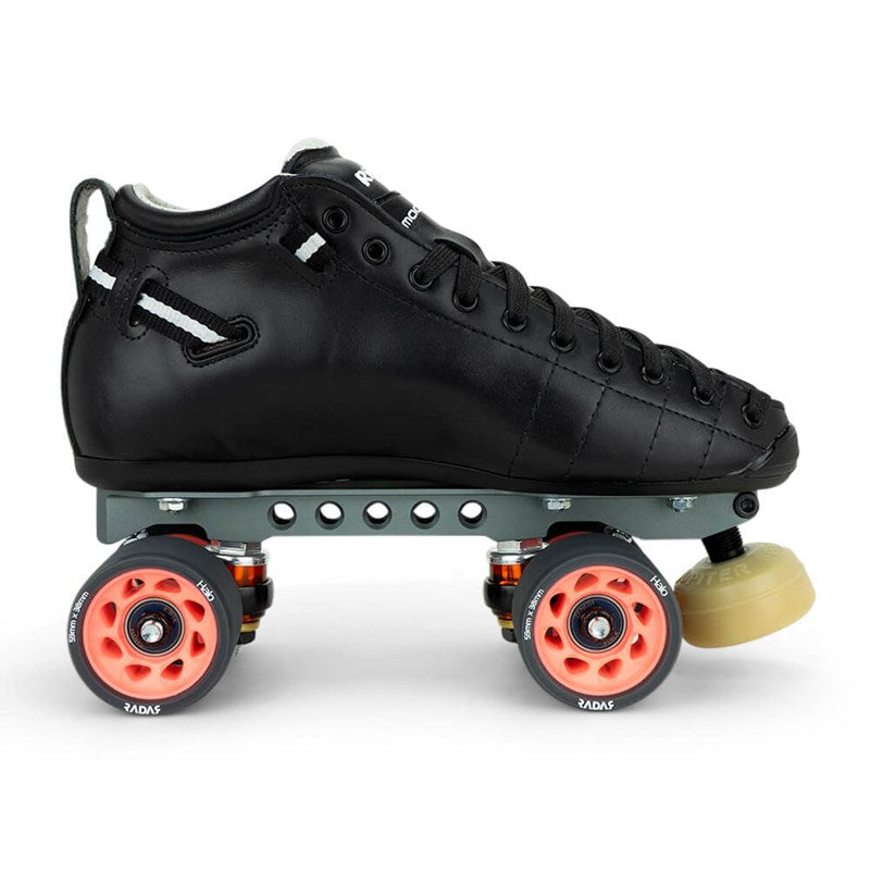 Black derby roller skate with orange wheels, yellow toe stop, and metal plate