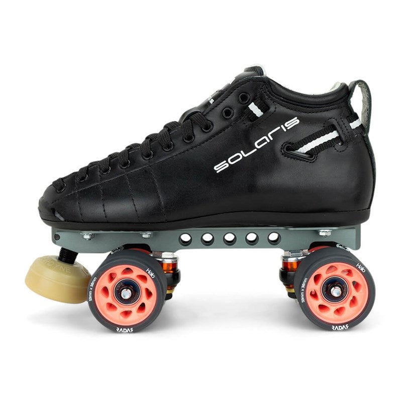 Black Solaris derby roller skate with orange wheels and yellow toe stop pads