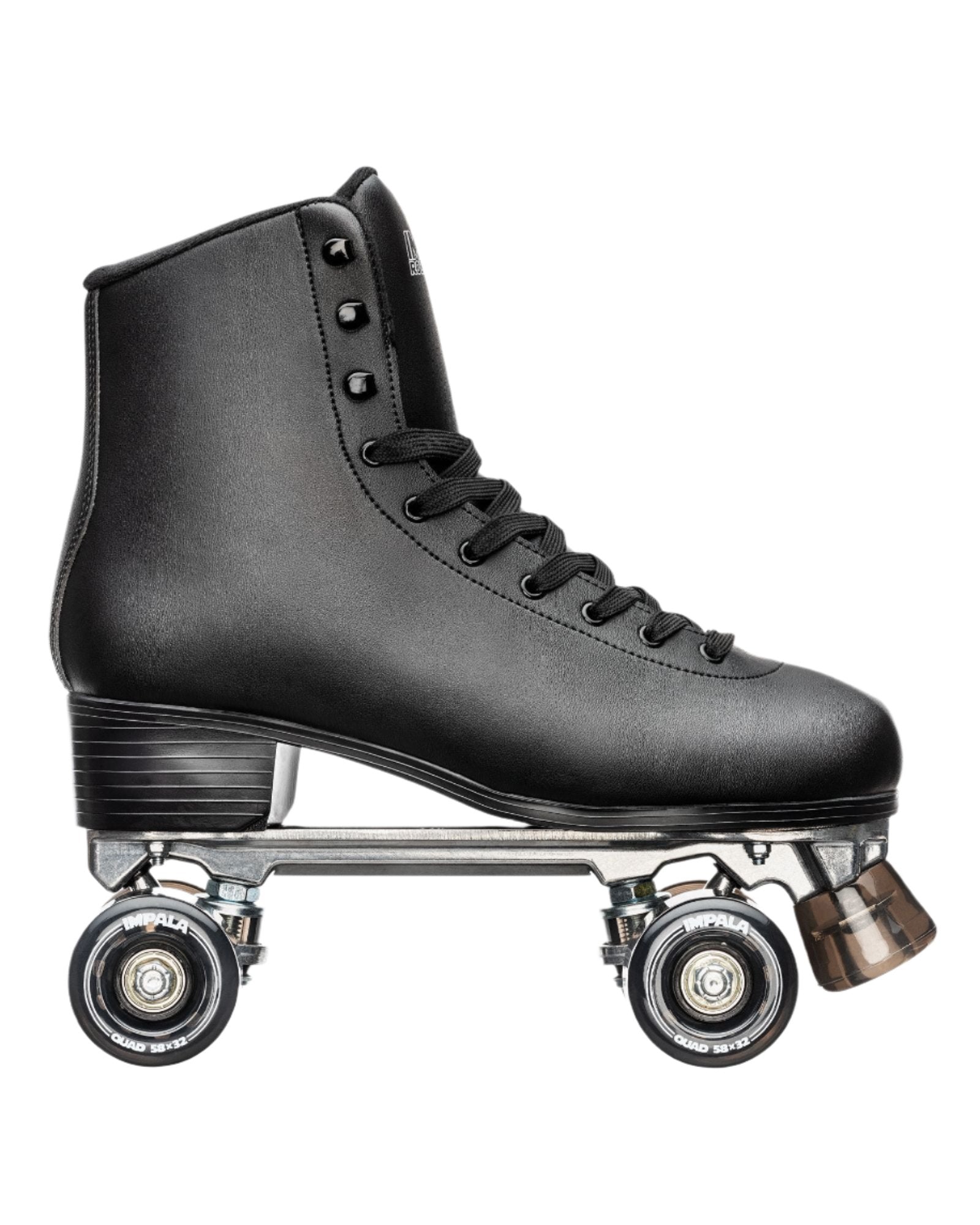 Side view of black quad skate boot with four wheels and silver frame
