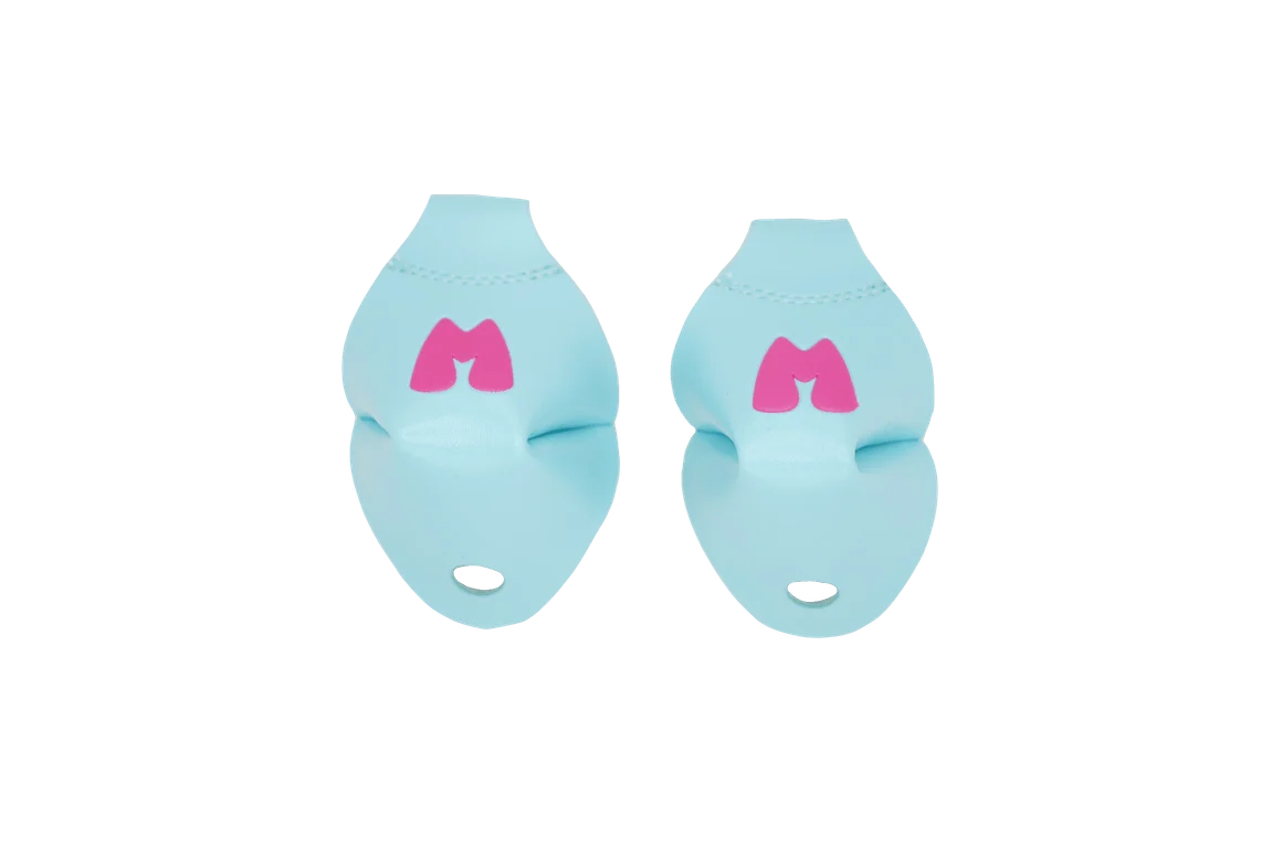 Light blue toe caps with pink character logo and small vented opening