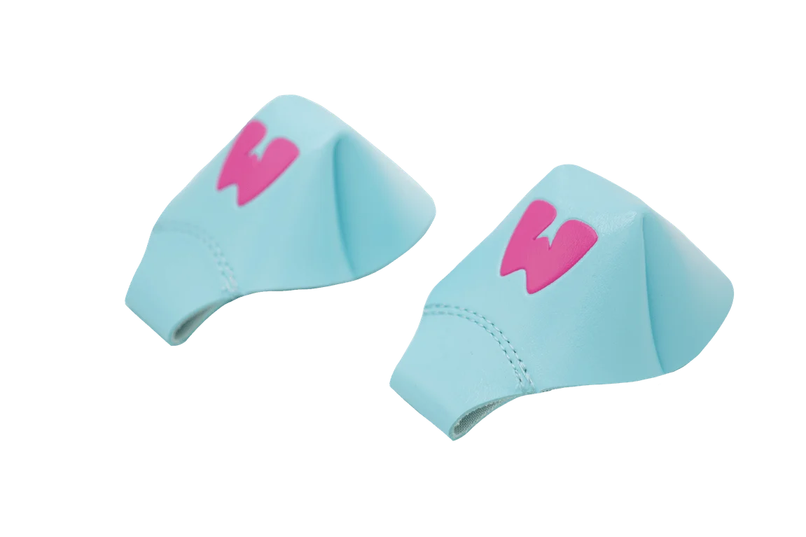 Light blue toe caps with bright pink lightning-style logo and stitched edges
