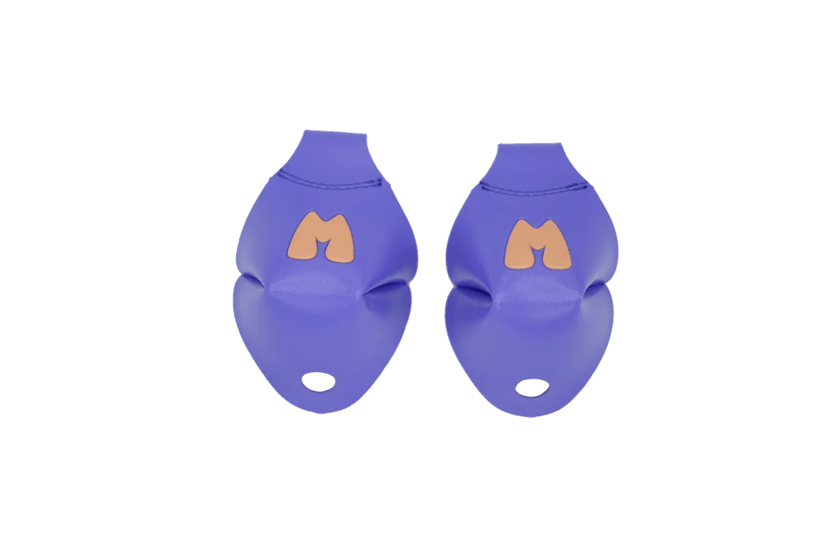 Periwinkle blue toe caps with tan character logo and small vent at toe