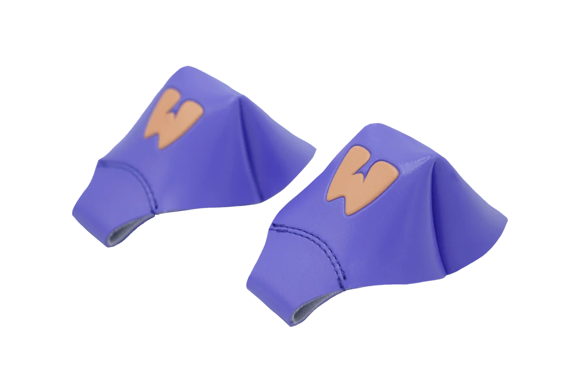 Purple toe caps with tan lightning-style logo and stitched curved profile