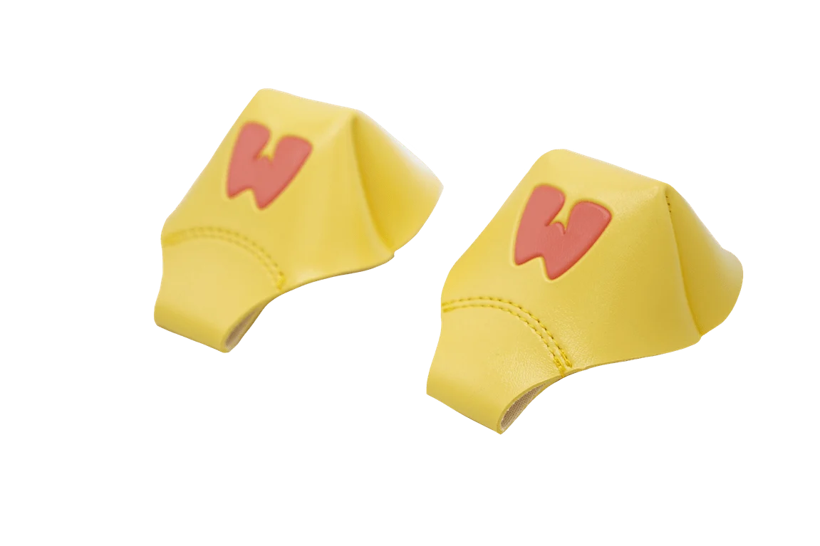 Bright yellow toe caps with red character logo and stitched curved edges