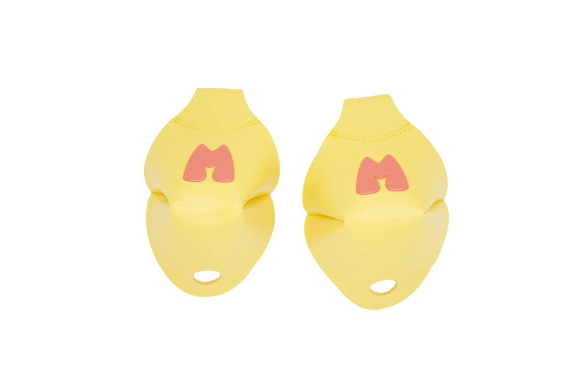 Lemon yellow toe caps with red character logo and small vented opening
