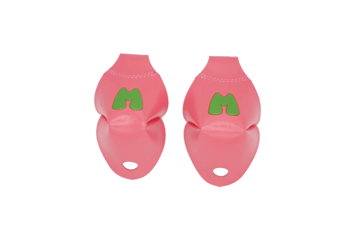 Pink toe caps with green logo and small oval openings