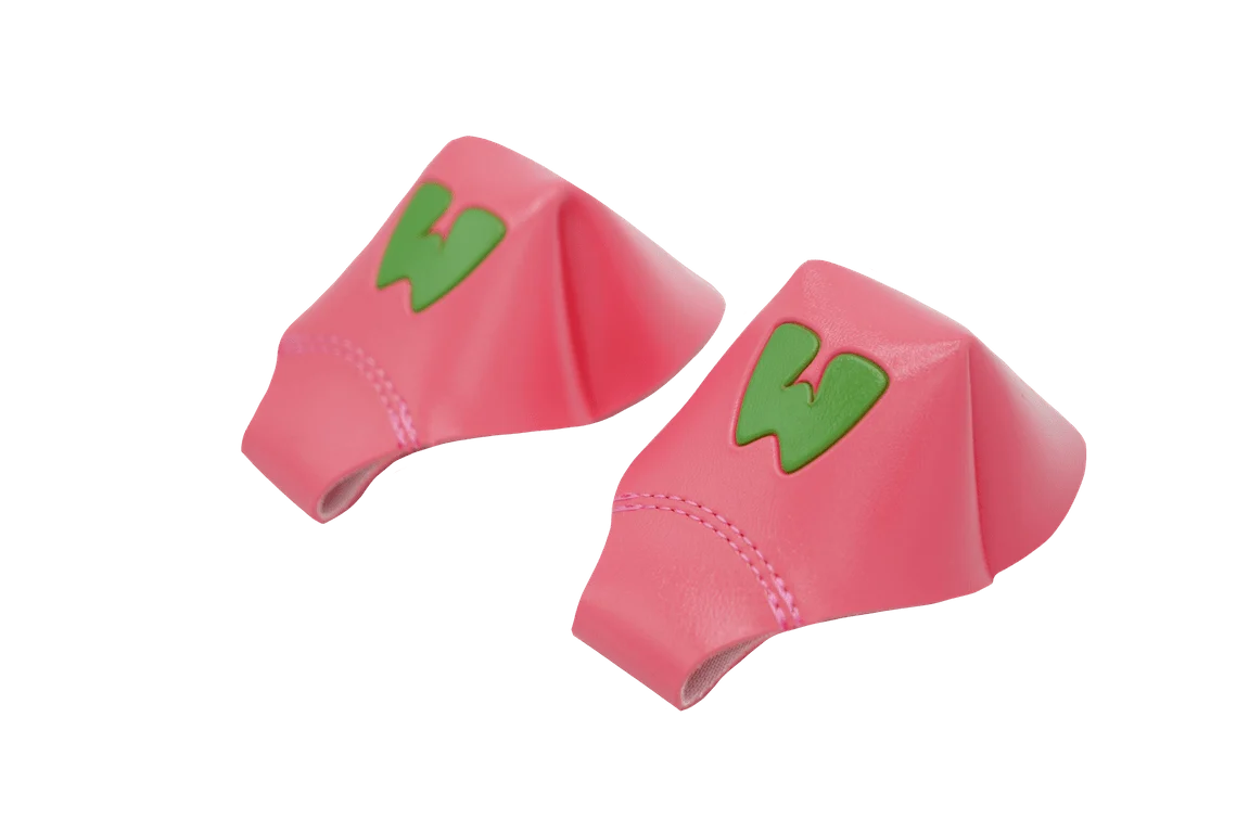 Pink toe caps with green character logo and stitched curved toe shape
