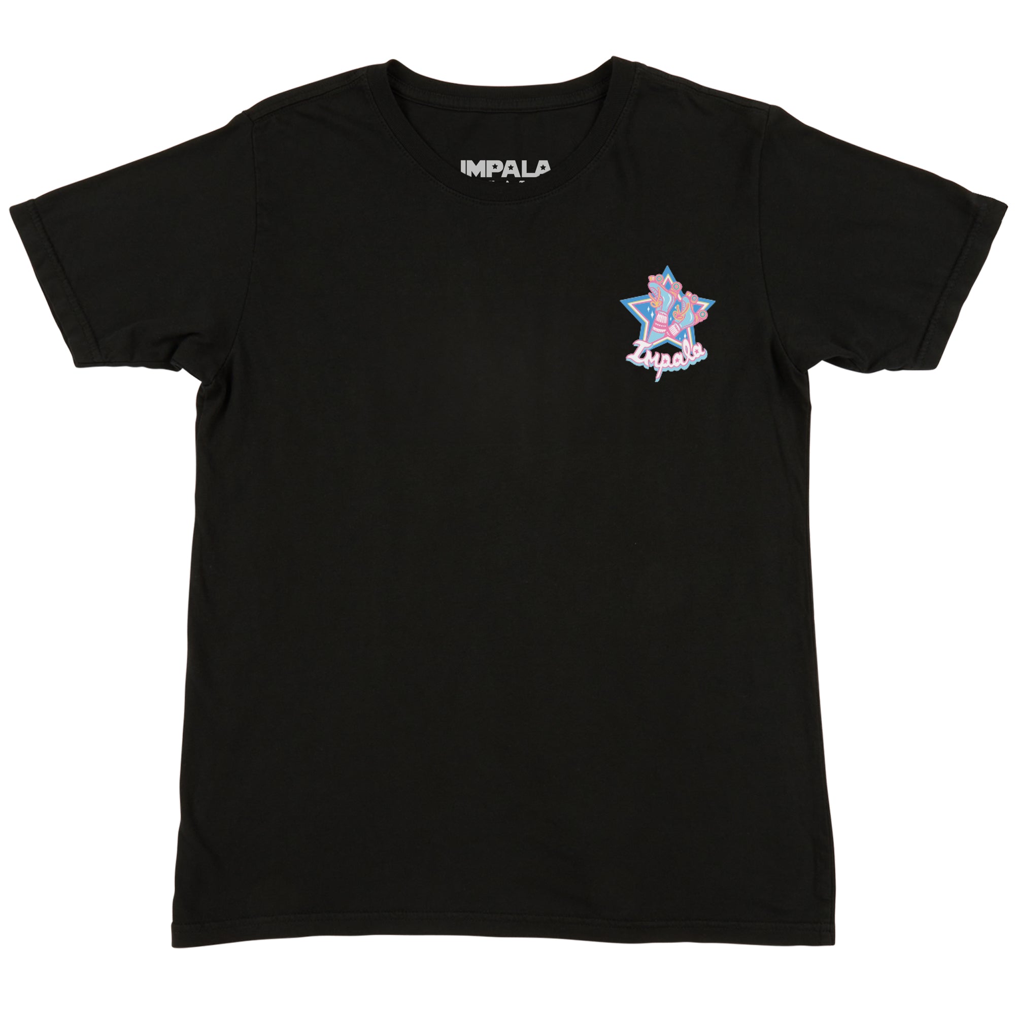 Black graphic T-shirt with small star logo print on the chest