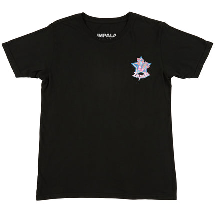 Black graphic T-shirt with small star logo print on the chest